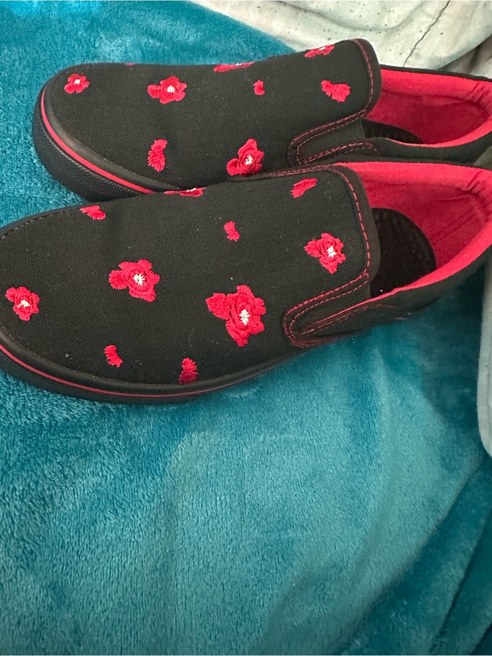 Kids Black Slip-On Shoes with Red Flower Embroidery